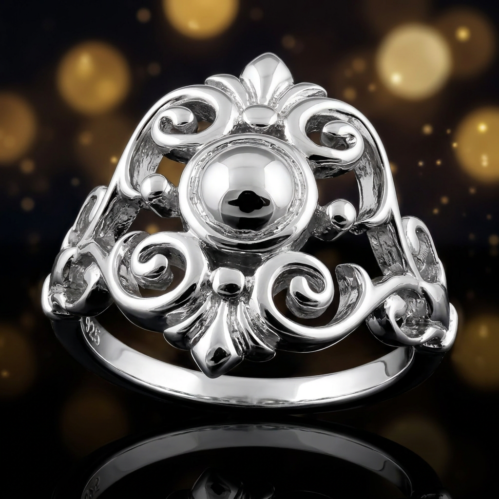 Sterling Silver 2.3mm Fleur de Lis Scroll Dome Center Ring for Women life4