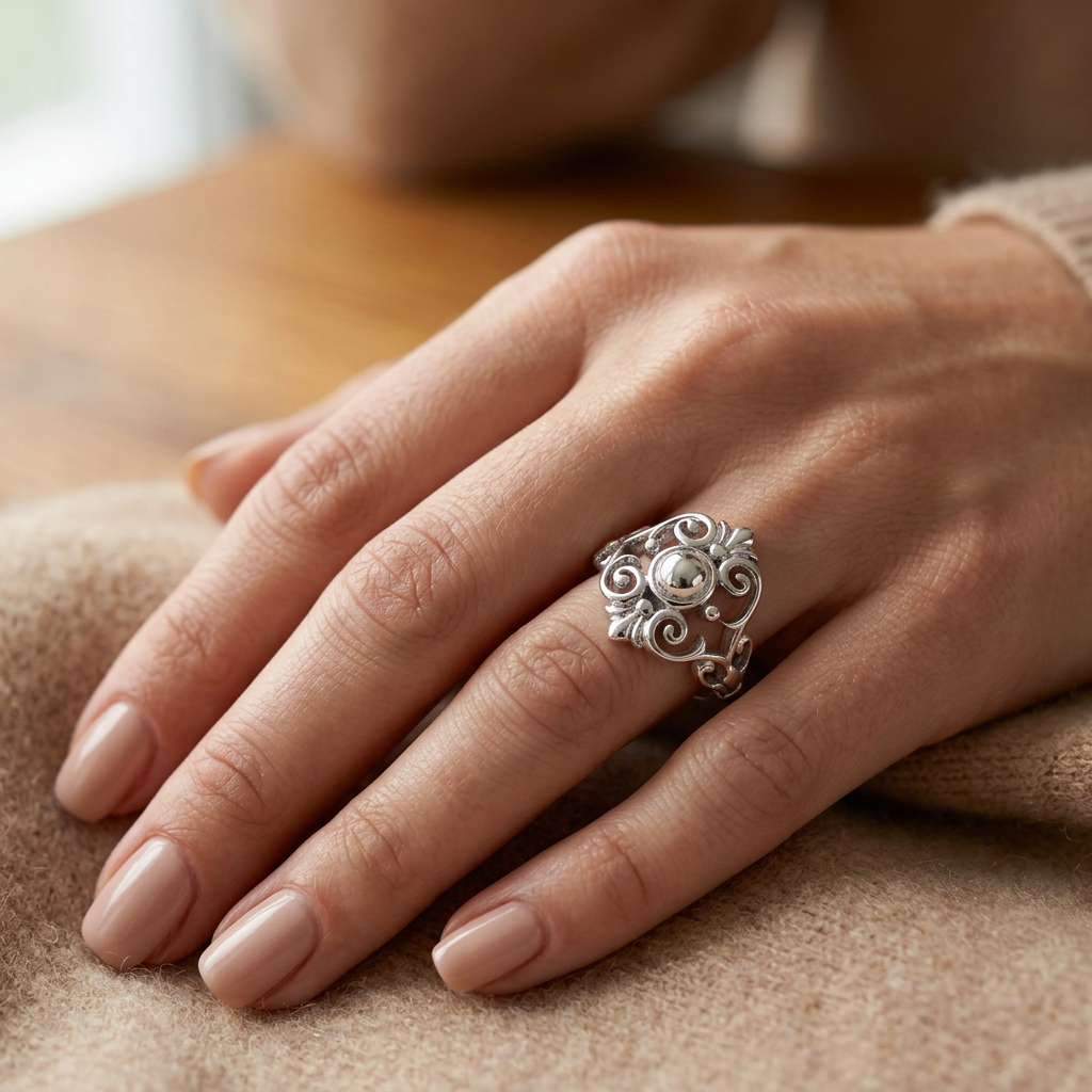 Sterling Silver 2.3mm Fleur de Lis Scroll Dome Center Ring for Women model