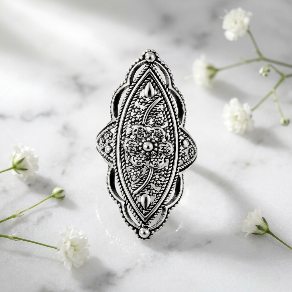 Sterling Silver Bold Marquise Filigree Boho Statement Ring for Women life1
