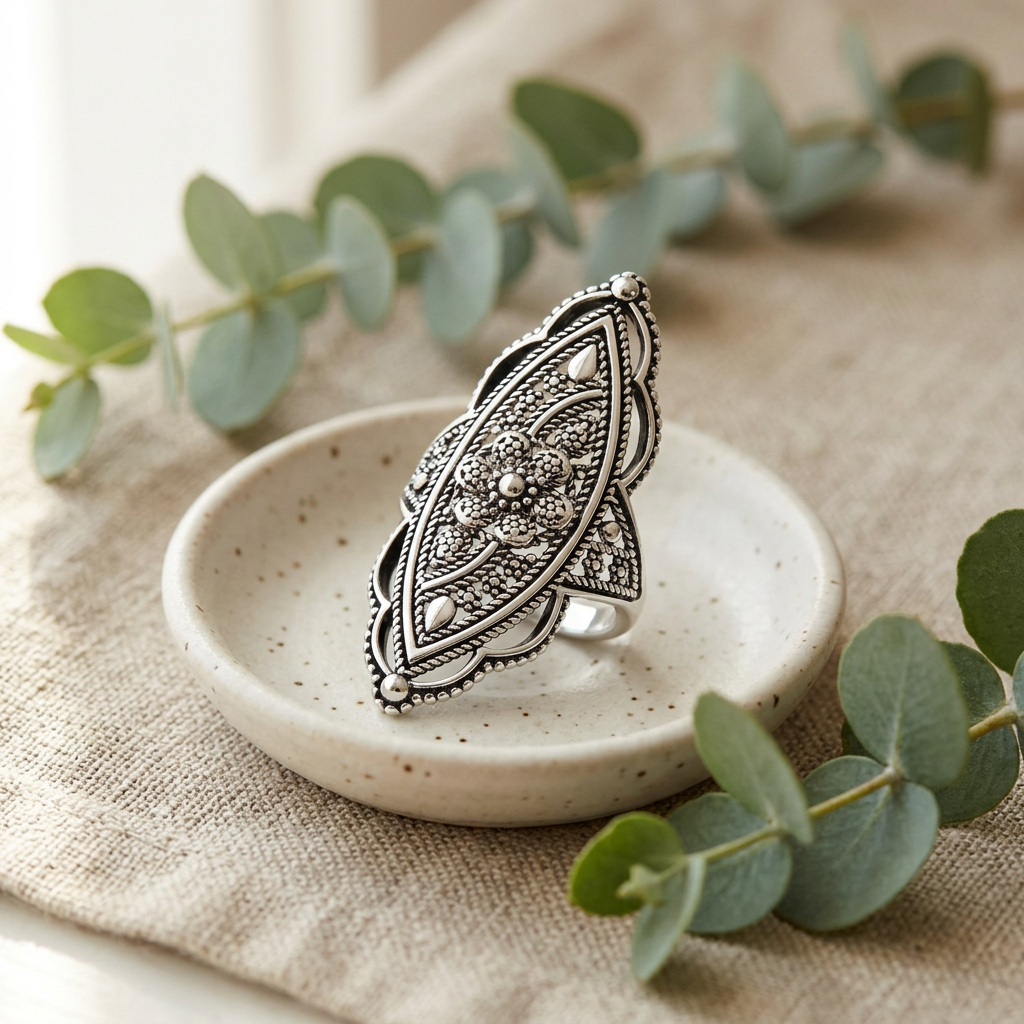 Sterling Silver Bold Marquise Filigree Boho Statement Ring for Women life2