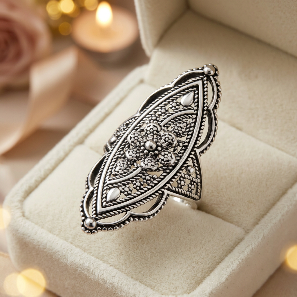 Sterling Silver Bold Marquise Filigree Boho Statement Ring for Women life3
