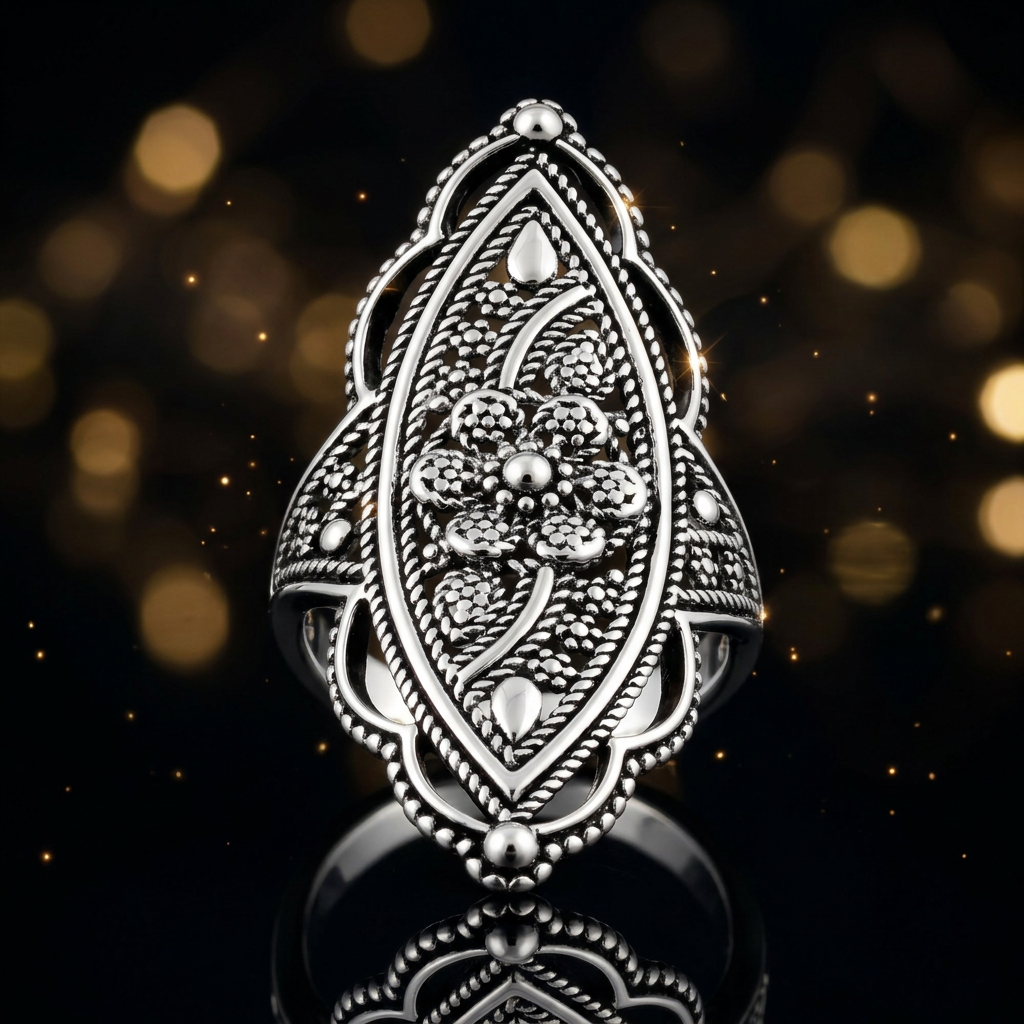 Sterling Silver Bold Marquise Filigree Boho Statement Ring for Women life4
