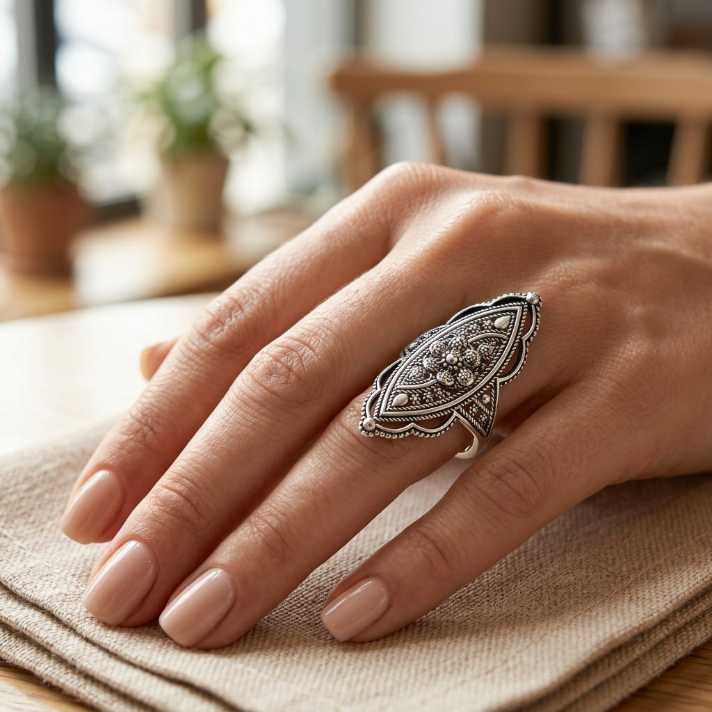 Sterling Silver Bold Marquise Filigree Boho Statement Ring for Women model