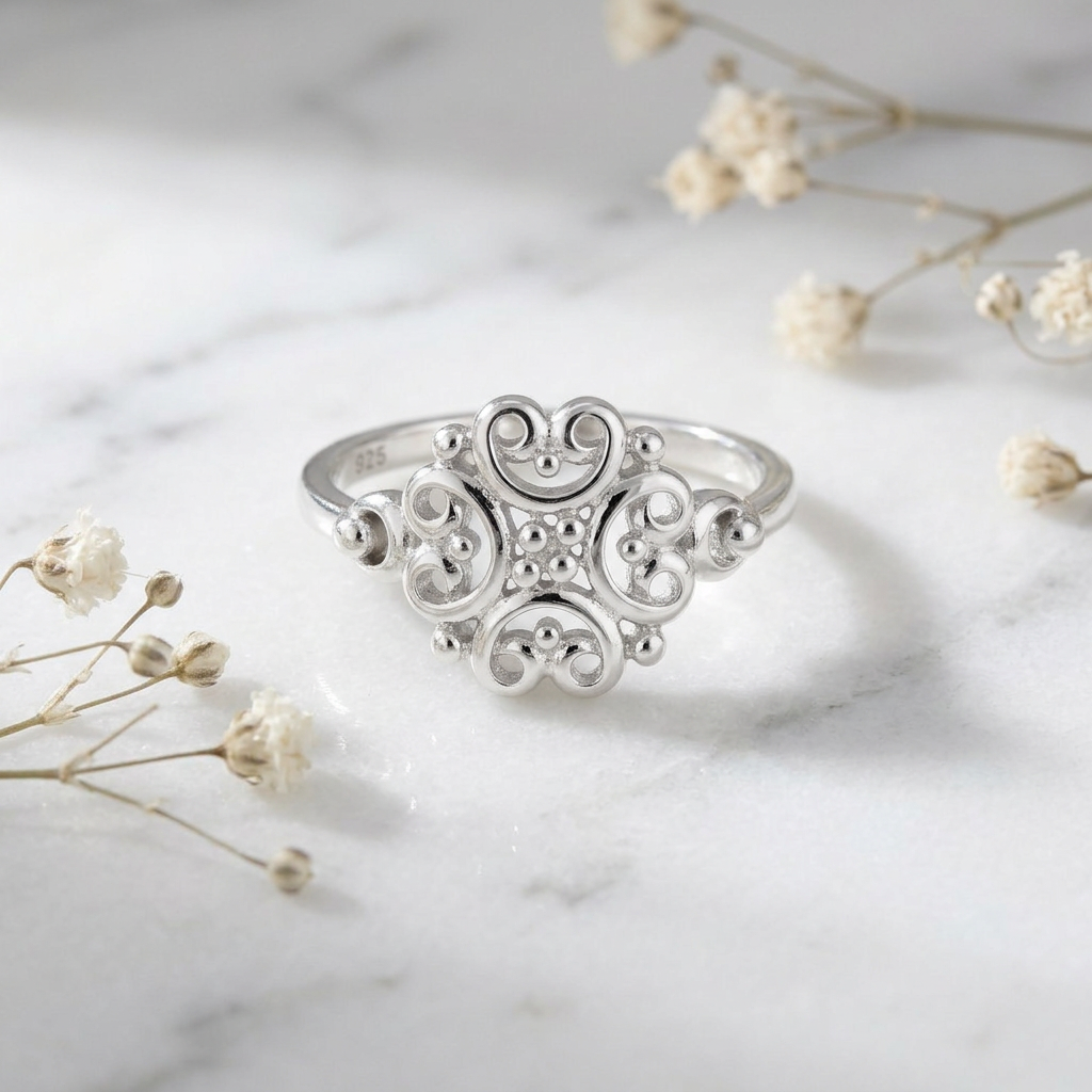 Sterling Silver Swirl Heart Flower Promise Ring for Women life1
