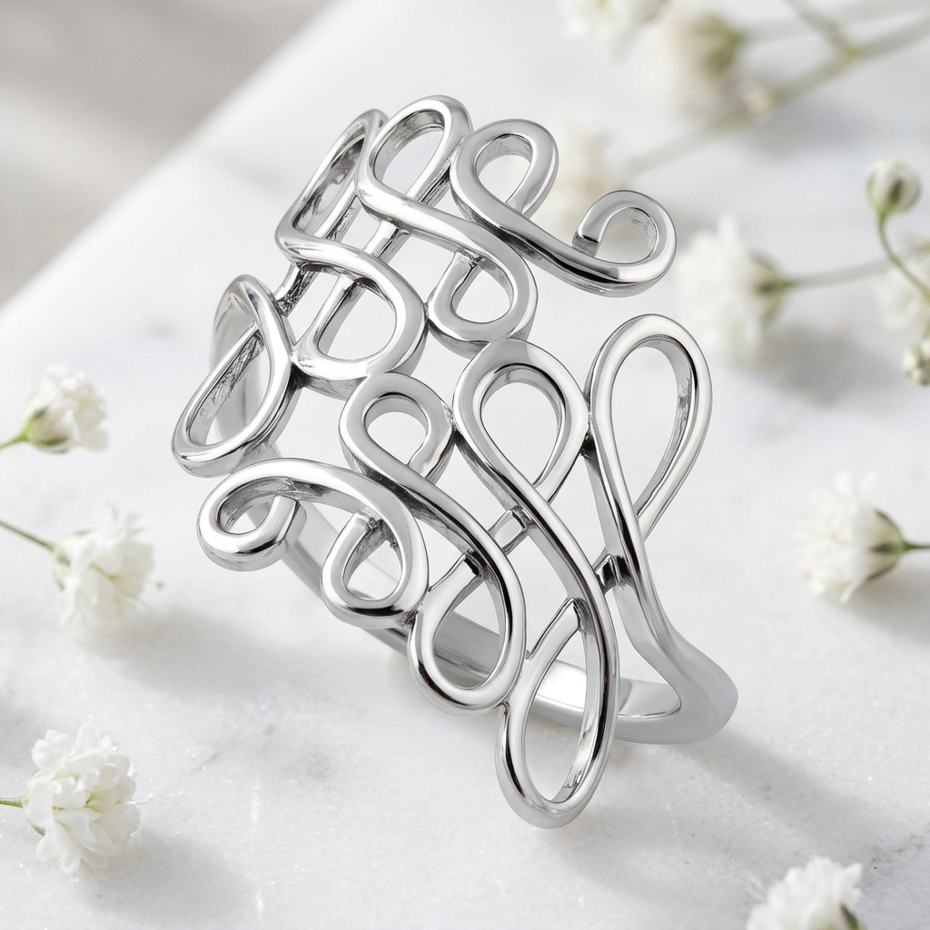 Sterling Silver 1.9mm Scribble Swirl Loop Statement Ring for Women life1