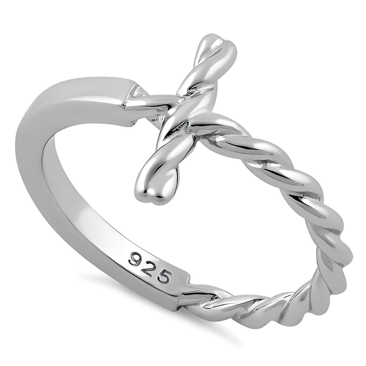 Sterling Silver 2.1mm Rope Twist Sideways Cross and Smooth Band Faith Ring for Women