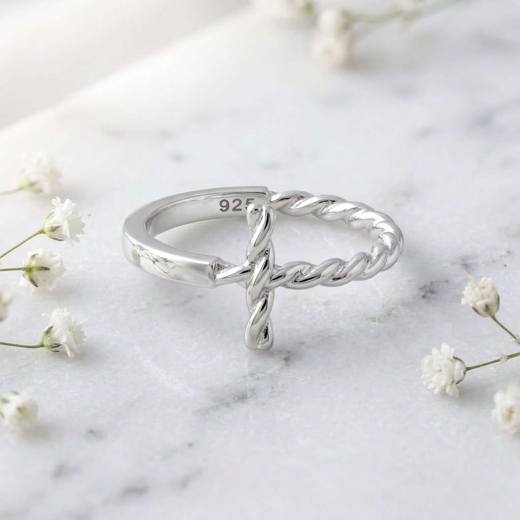 Sterling Silver 2.1mm Rope Twist Sideways Cross and Smooth Band Faith Ring for Women life1