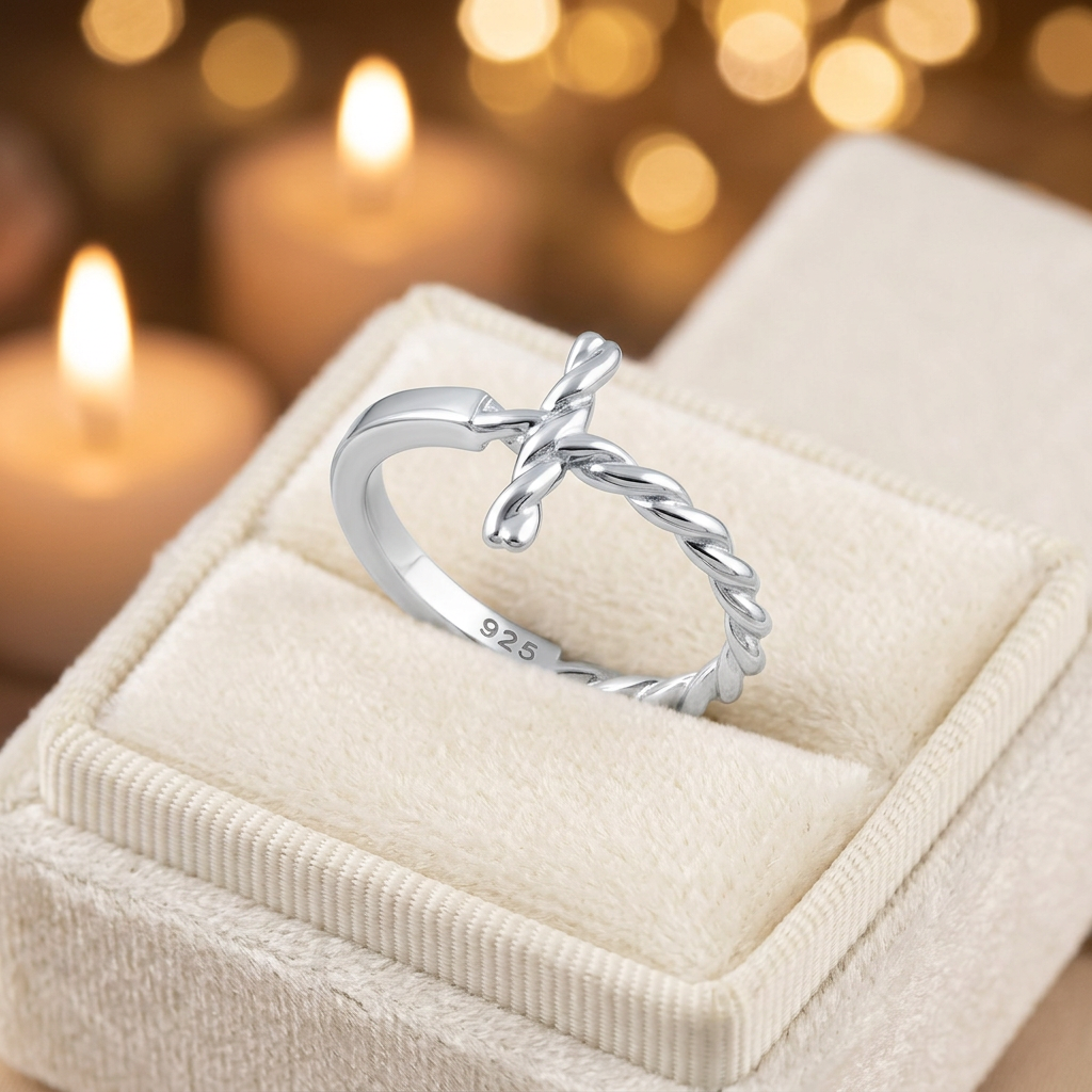 Sterling Silver 2.1mm Rope Twist Sideways Cross and Smooth Band Faith Ring for Women life3