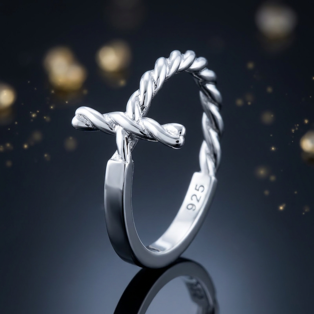 Sterling Silver 2.1mm Rope Twist Sideways Cross and Smooth Band Faith Ring for Women life4