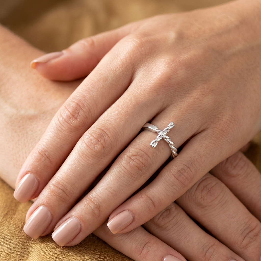 Sterling Silver 2.1mm Rope Twist Sideways Cross and Smooth Band Faith Ring for Women model