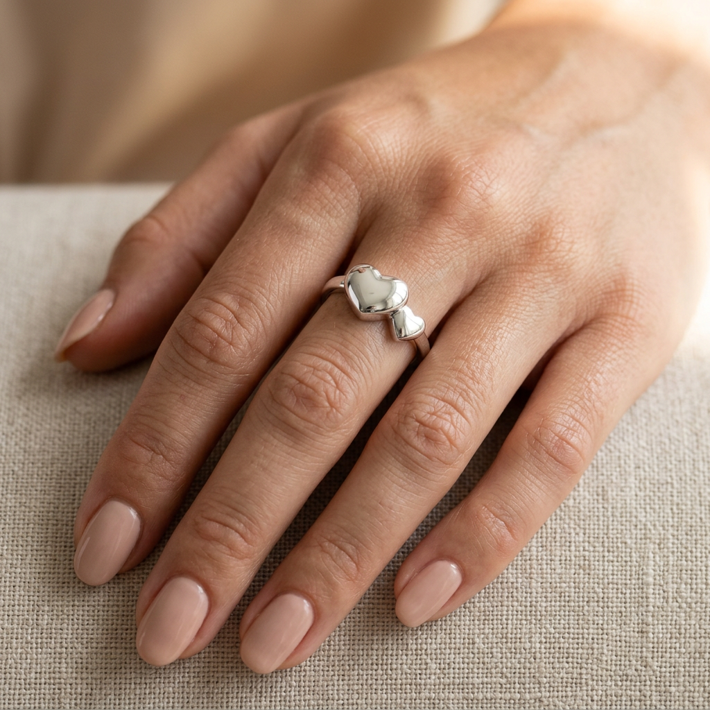 Sterling Silver 2.2mm Big and Little Puffed Heart Promise Ring for Women model
