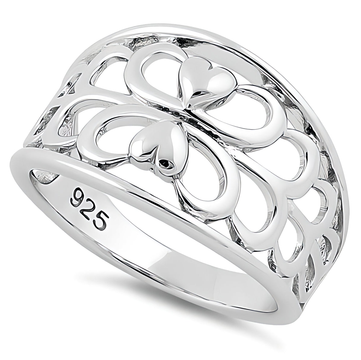 Sterling Silver Mirrored Twin Hearts Filigree Tapered Band Ring for Women