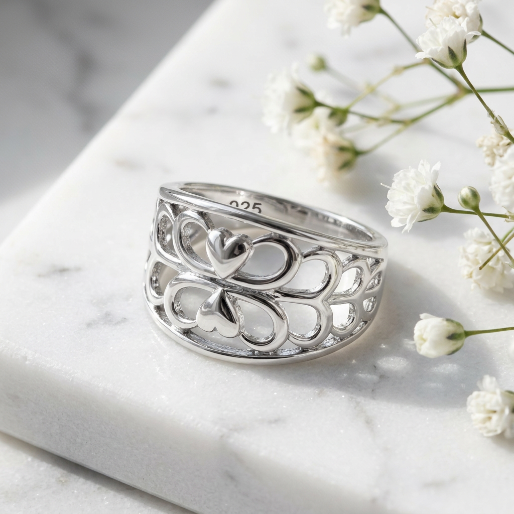 Sterling Silver Mirrored Twin Hearts Filigree Tapered Band Ring for Women life1