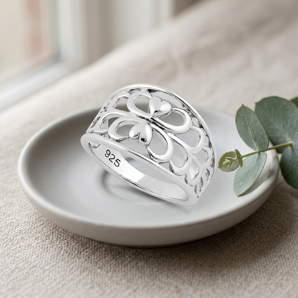 Sterling Silver Mirrored Twin Hearts Filigree Tapered Band Ring for Women life2