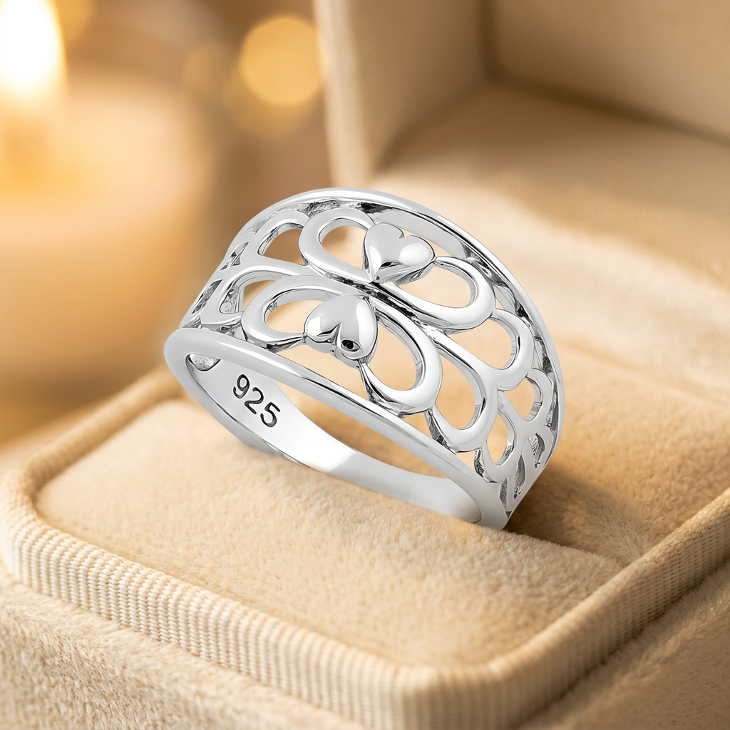Sterling Silver Mirrored Twin Hearts Filigree Tapered Band Ring for Women life3