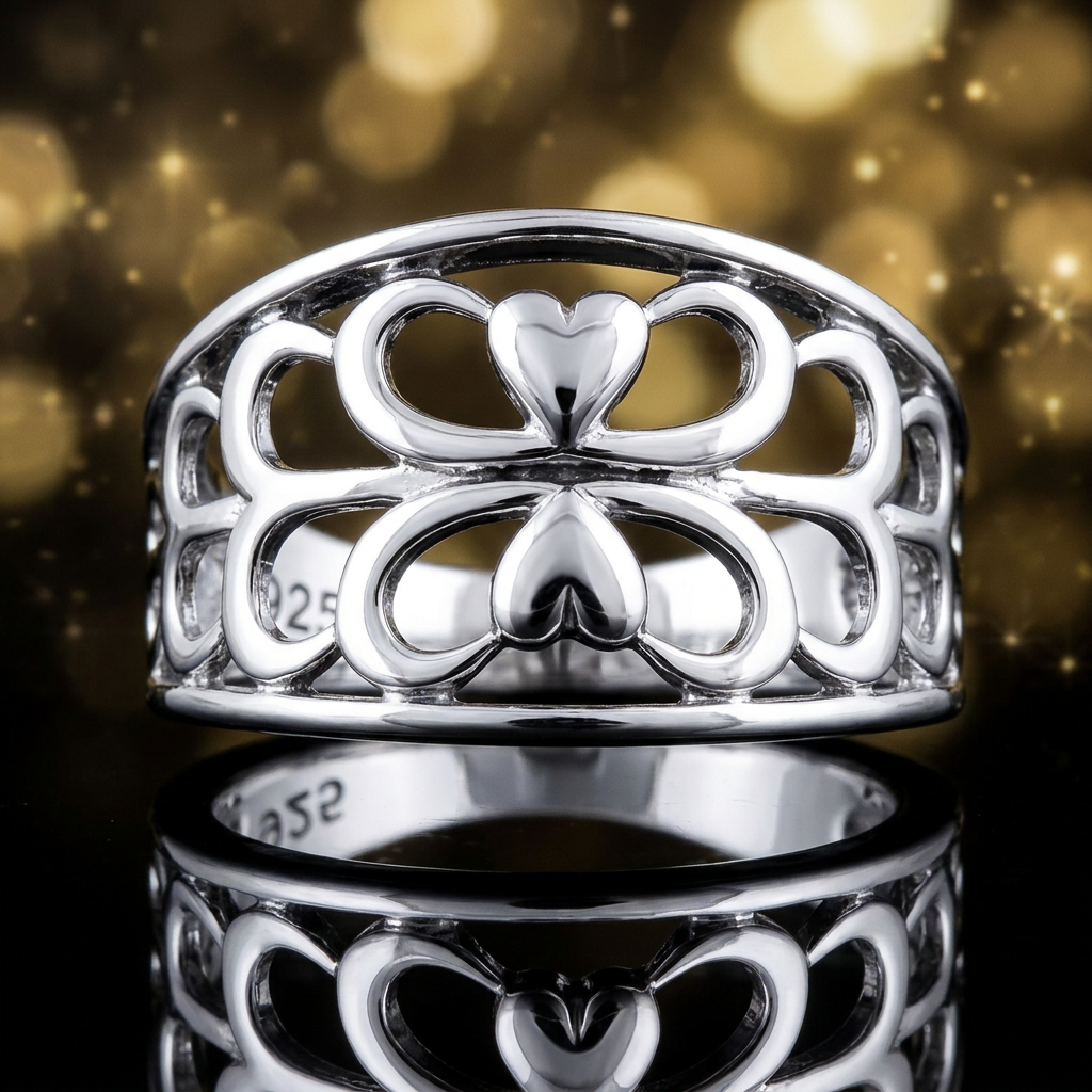 Sterling Silver Mirrored Twin Hearts Filigree Tapered Band Ring for Women life4