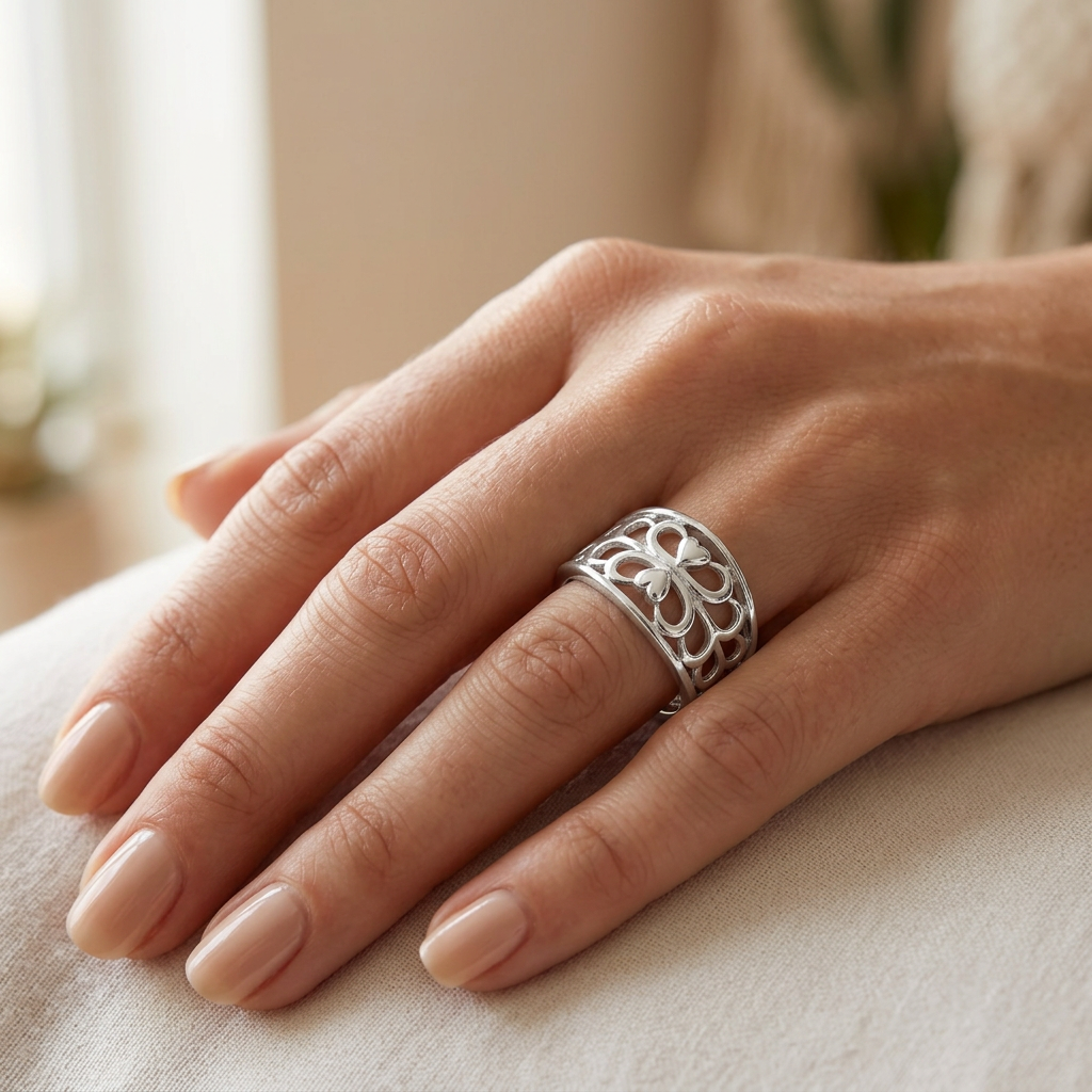 Sterling Silver Mirrored Twin Hearts Filigree Tapered Band Ring for Women model