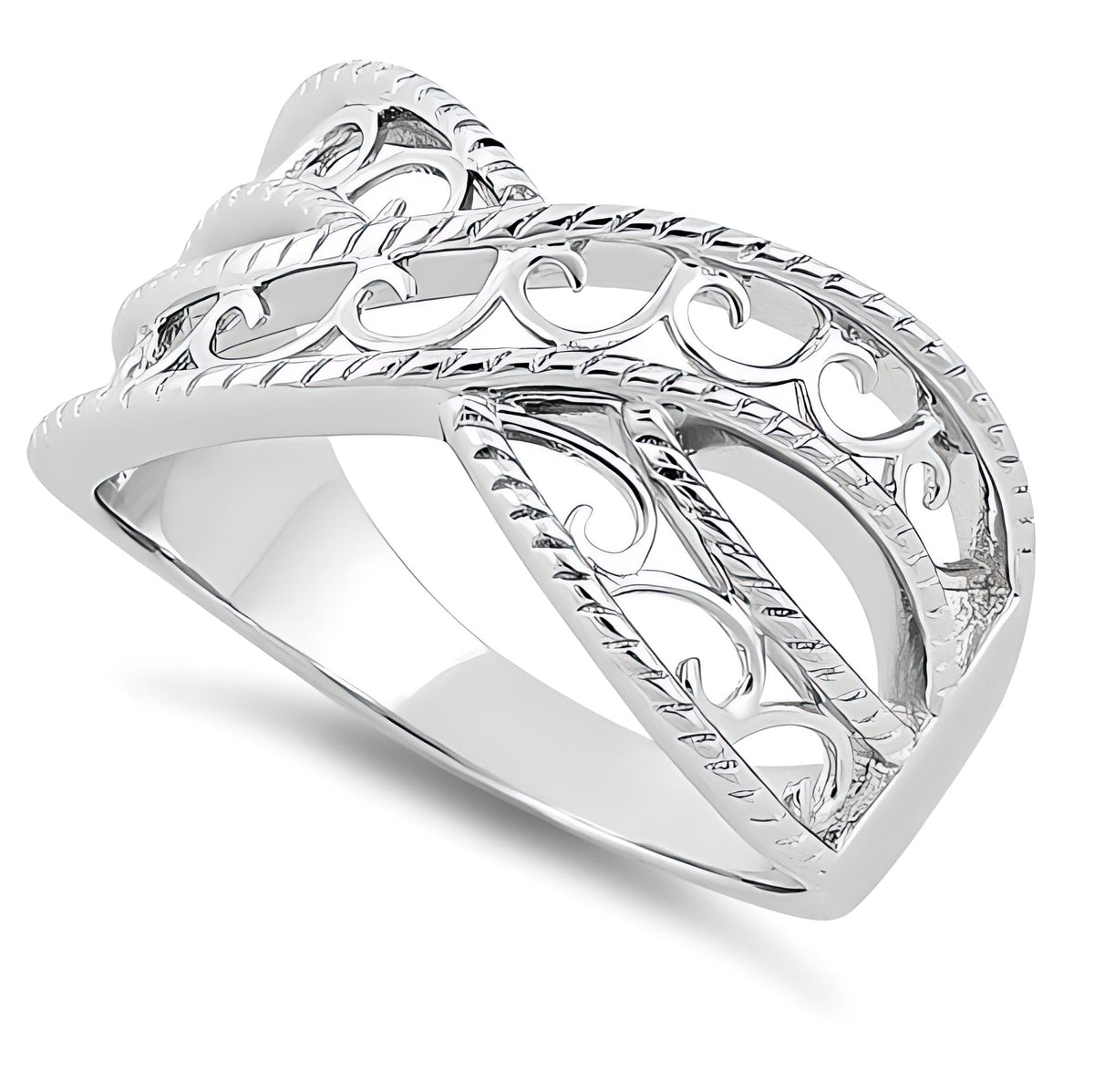 Sterling Silver 3mm Rope Edge Filigree Crisscross Band Ring for Women