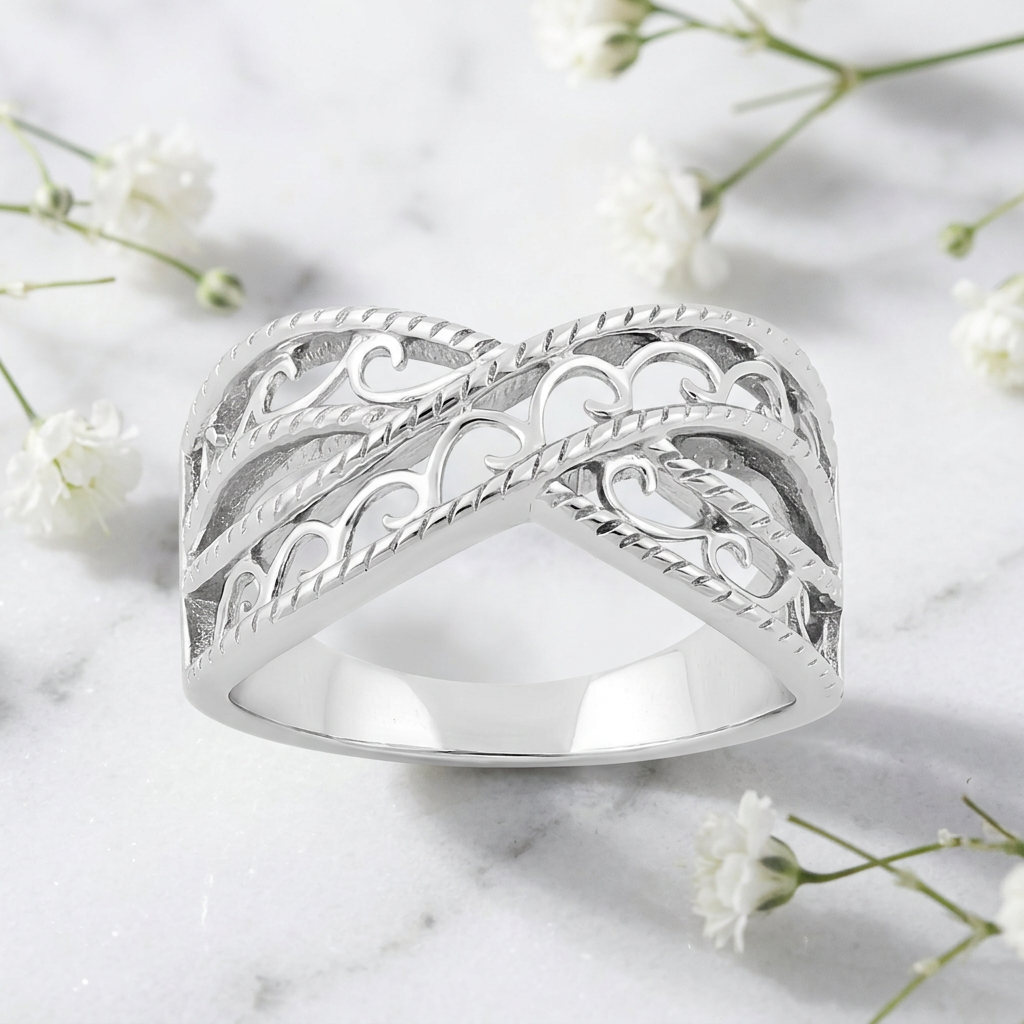 Sterling Silver 3mm Rope Edge Filigree Crisscross Band Ring for Women life1