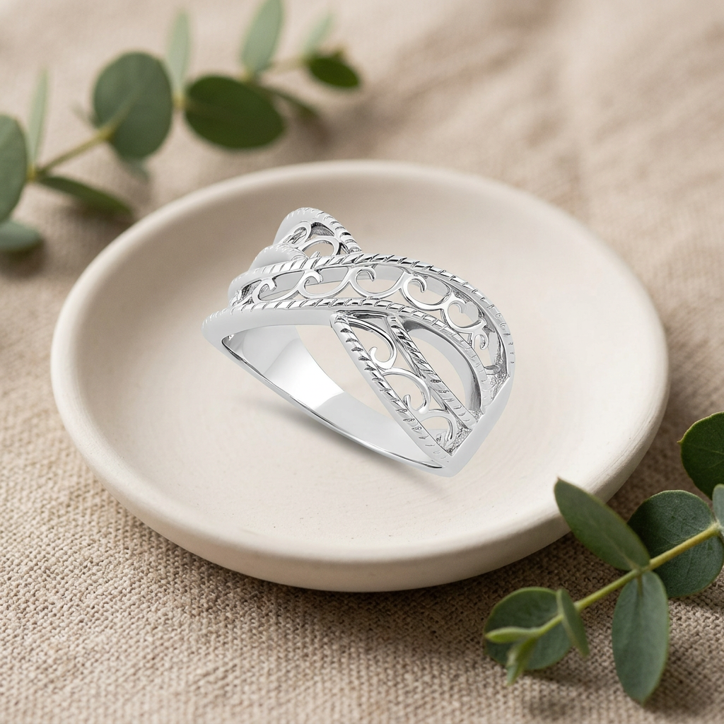 Sterling Silver 3mm Rope Edge Filigree Crisscross Band Ring for Women life2