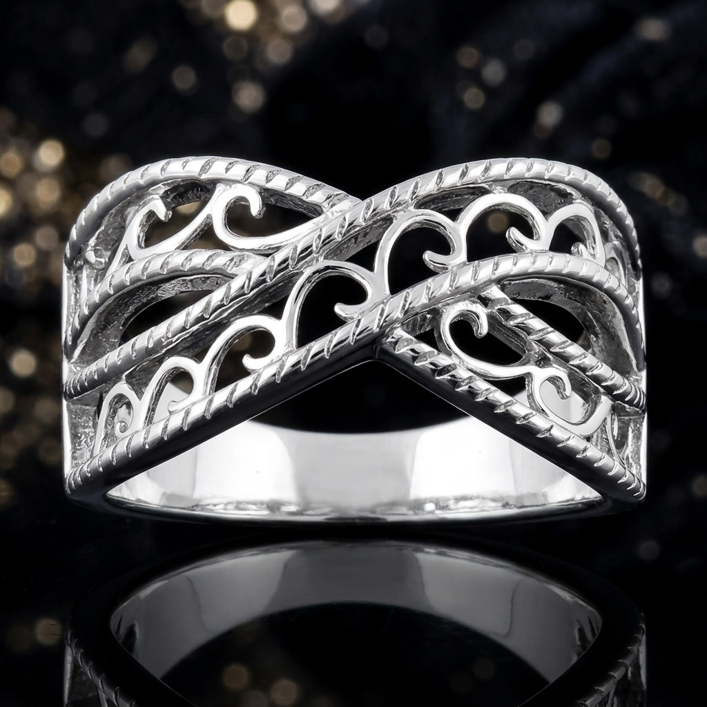 Sterling Silver 3mm Rope Edge Filigree Crisscross Band Ring for Women life4