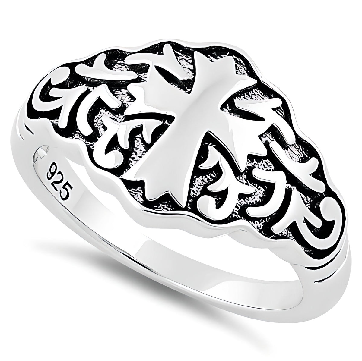 Sterling Silver 3.7mm Oxidized Flared Cross Scroll Shield Faith Ring for Women