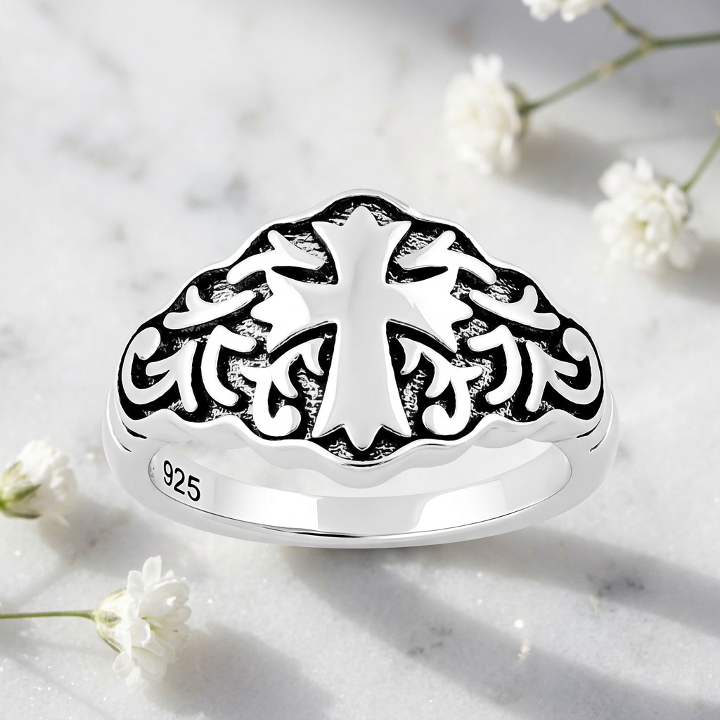 Sterling Silver 3.7mm Oxidized Flared Cross Scroll Shield Faith Ring for Women life1