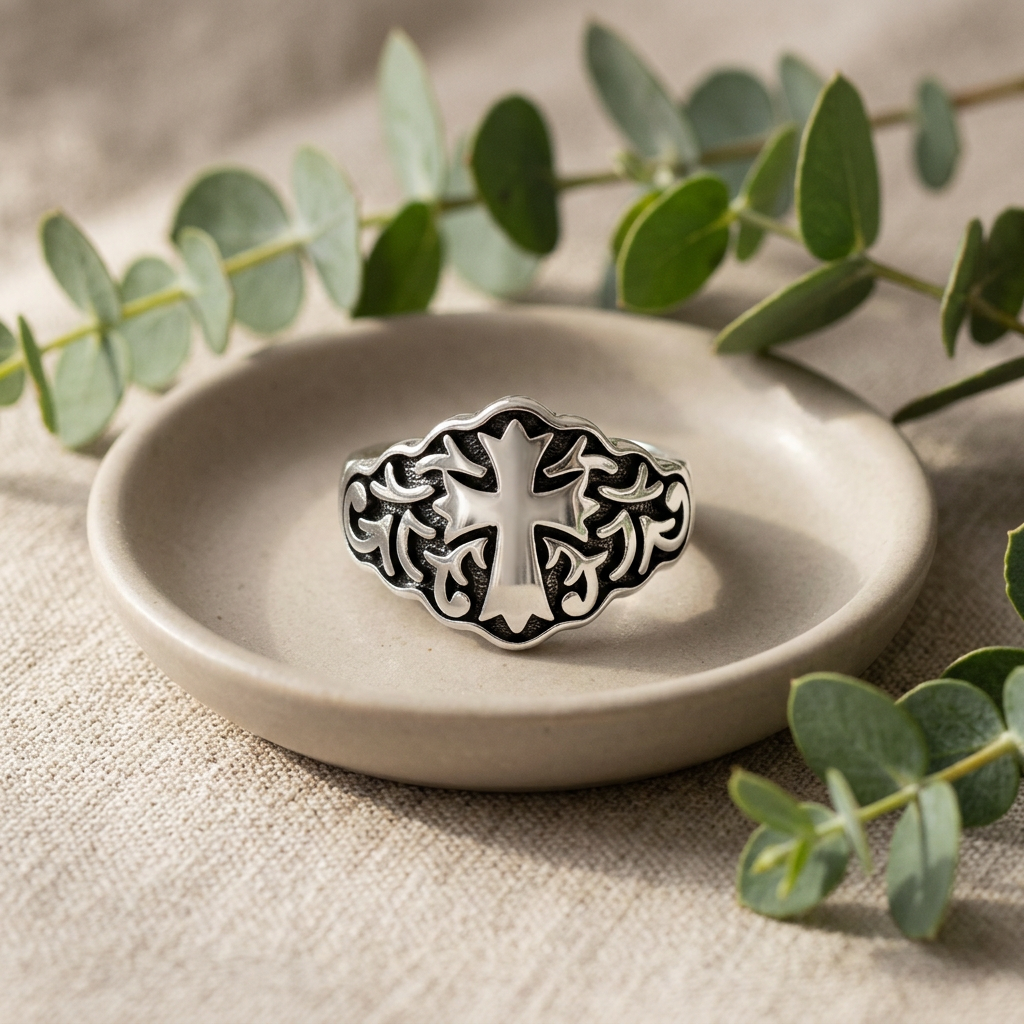 Sterling Silver 3.7mm Oxidized Flared Cross Scroll Shield Faith Ring for Women life2