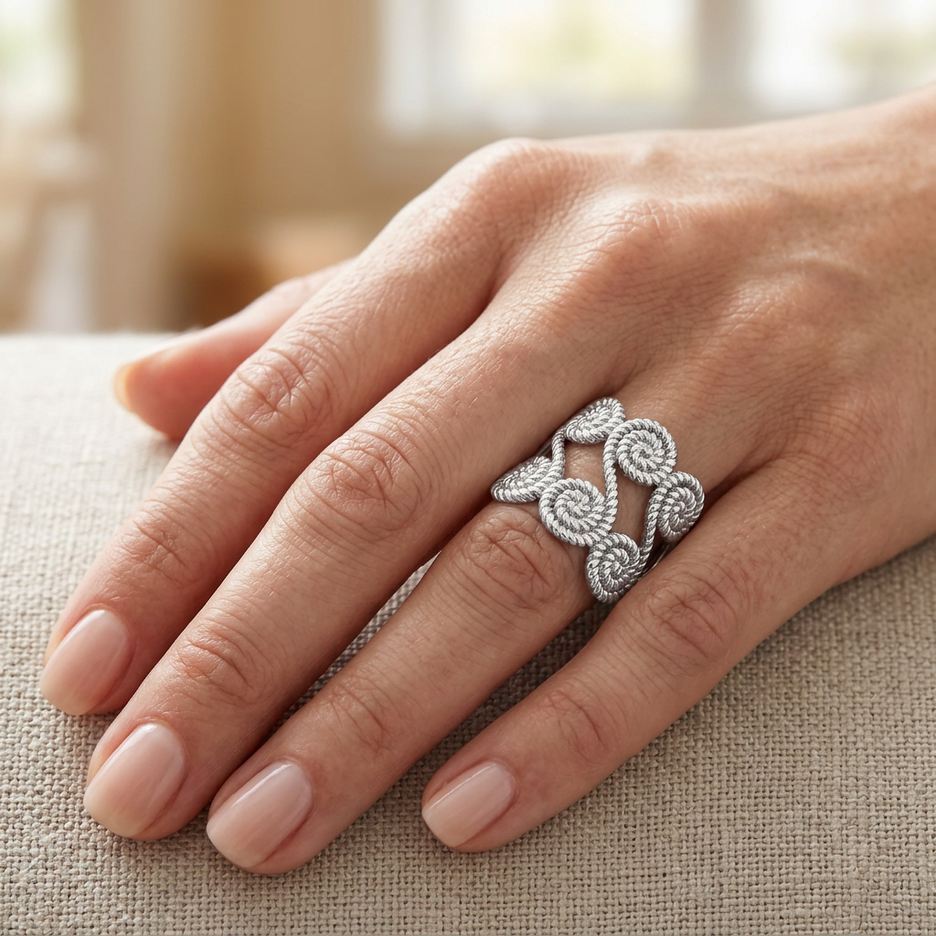 Sterling Silver Twisted Rope Spiral Openwork Wide Statement Ring for Women model