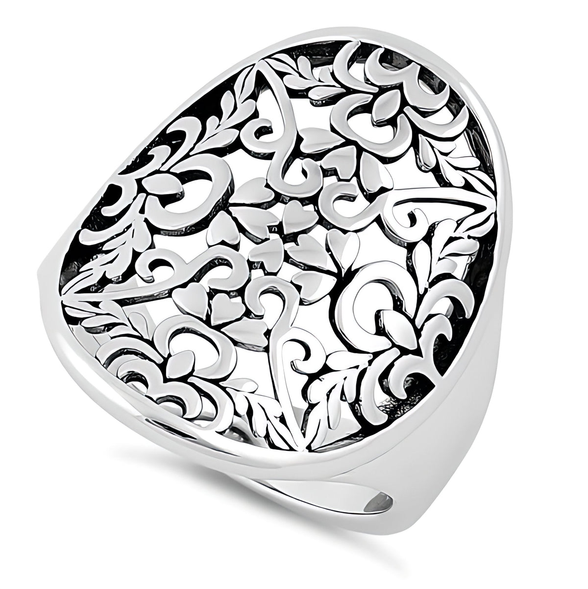 Sterling Silver 4.1mm Oxidized Openwork Hearts and Vines Oval Shield Ring for Women