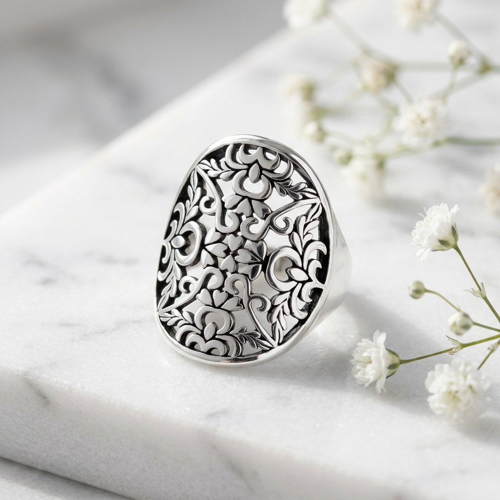 Sterling Silver 4.1mm Oxidized Openwork Hearts and Vines Oval Shield Ring for Women life1