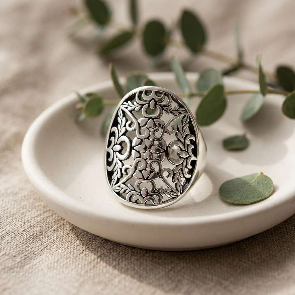 Sterling Silver 4.1mm Oxidized Openwork Hearts and Vines Oval Shield Ring for Women life2