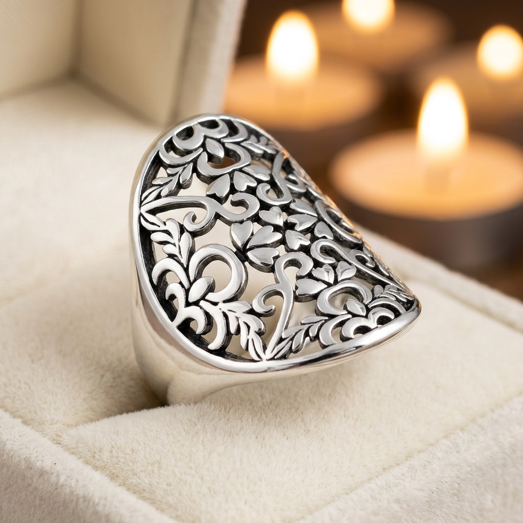 Sterling Silver 4.1mm Oxidized Openwork Hearts and Vines Oval Shield Ring for Women life3