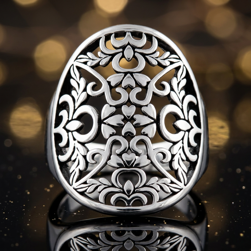 Sterling Silver 4.1mm Oxidized Openwork Hearts and Vines Oval Shield Ring for Women life4
