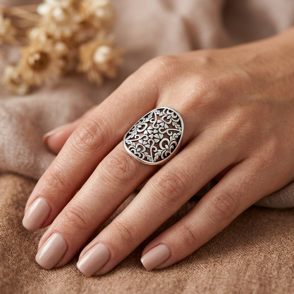 Sterling Silver 4.1mm Oxidized Openwork Hearts and Vines Oval Shield Ring for Women model