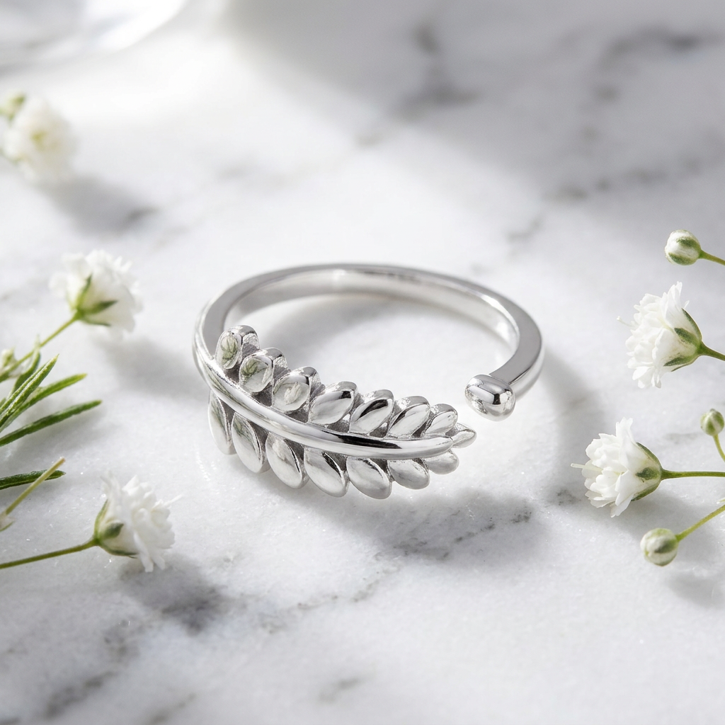 Sterling Silver 1.6mm Fern Leaf Open Wrap Ring for Women life1