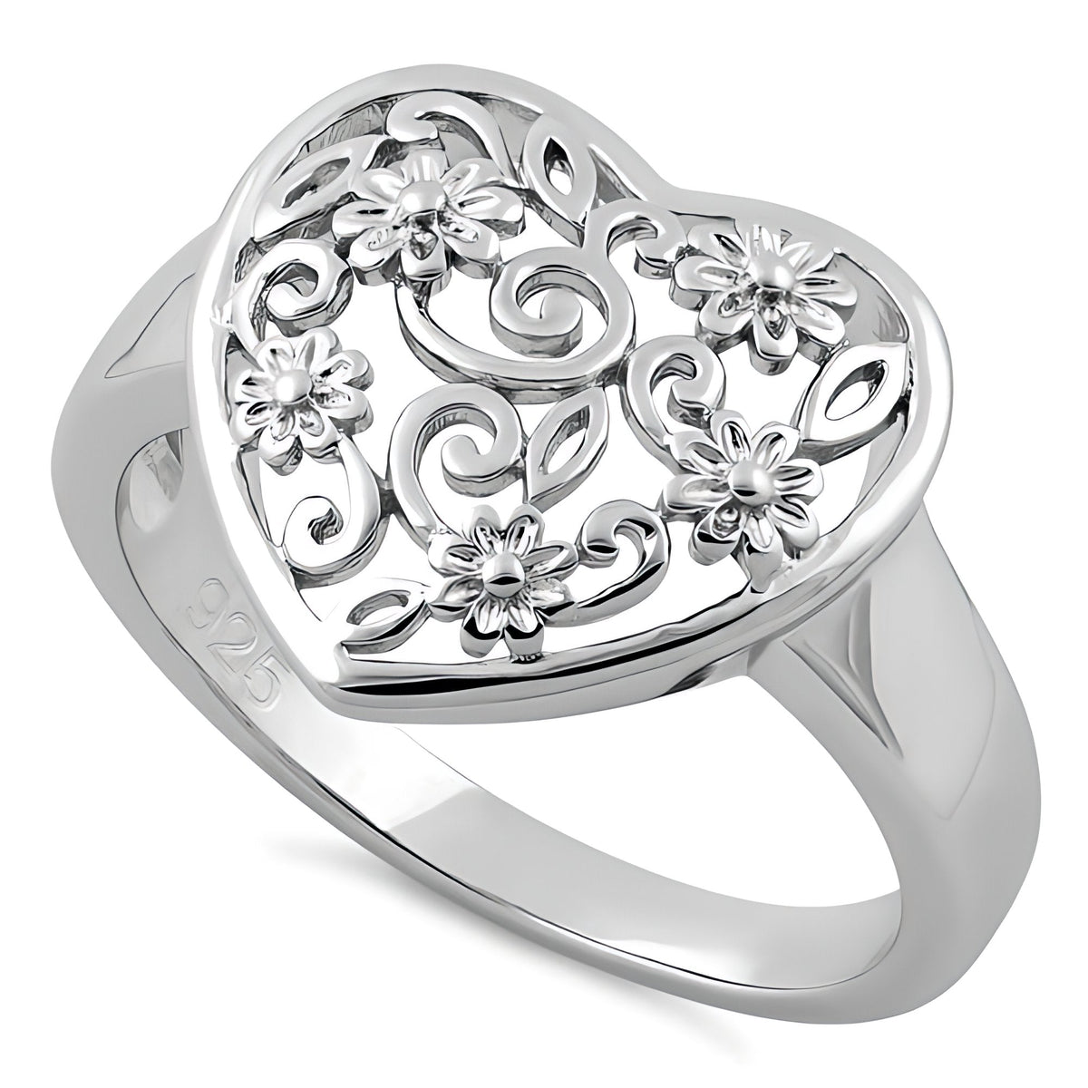 Sterling Silver 14.85mm Filigree Heart with Flowers and Swirls Ring for Women