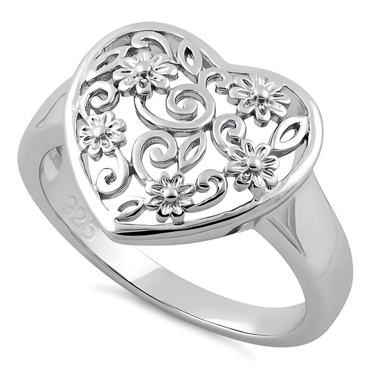 Sterling Silver 14.85mm Filigree Heart with Flowers and Swirls Ring for Women