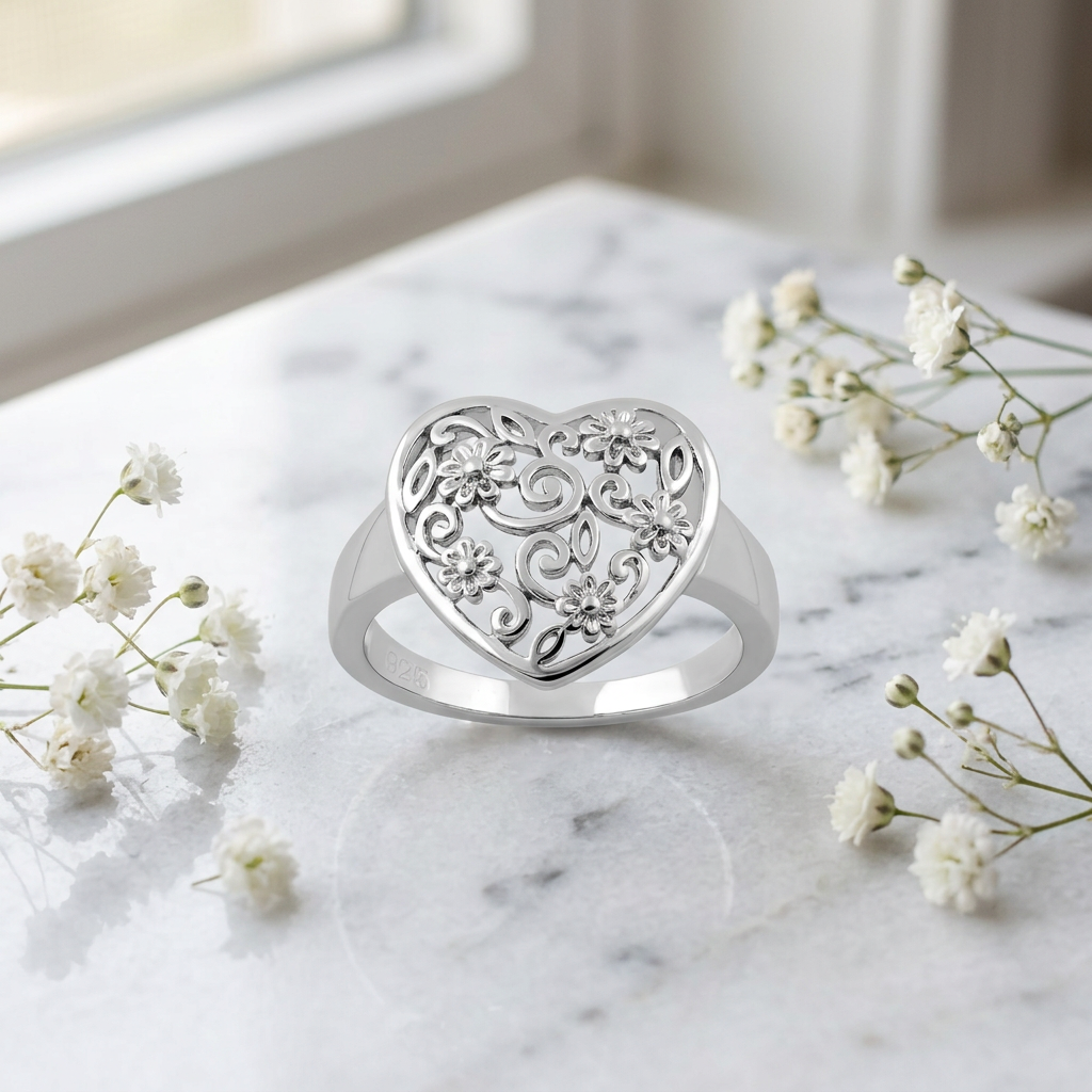 Sterling Silver 14.85mm Filigree Heart with Flowers and Swirls Ring for Women life1