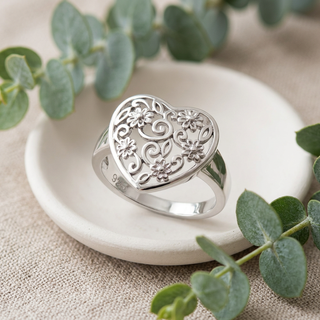 Sterling Silver 14.85mm Filigree Heart with Flowers and Swirls Ring for Women life2