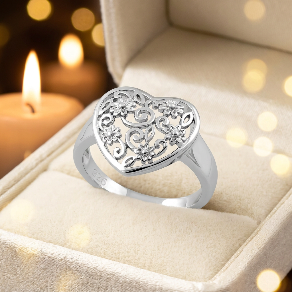 Sterling Silver 14.85mm Filigree Heart with Flowers and Swirls Ring for Women life3
