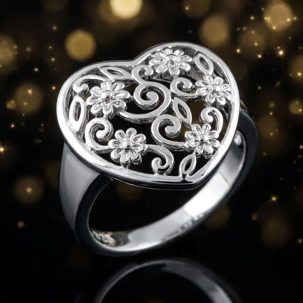 Sterling Silver 14.85mm Filigree Heart with Flowers and Swirls Ring for Women life4