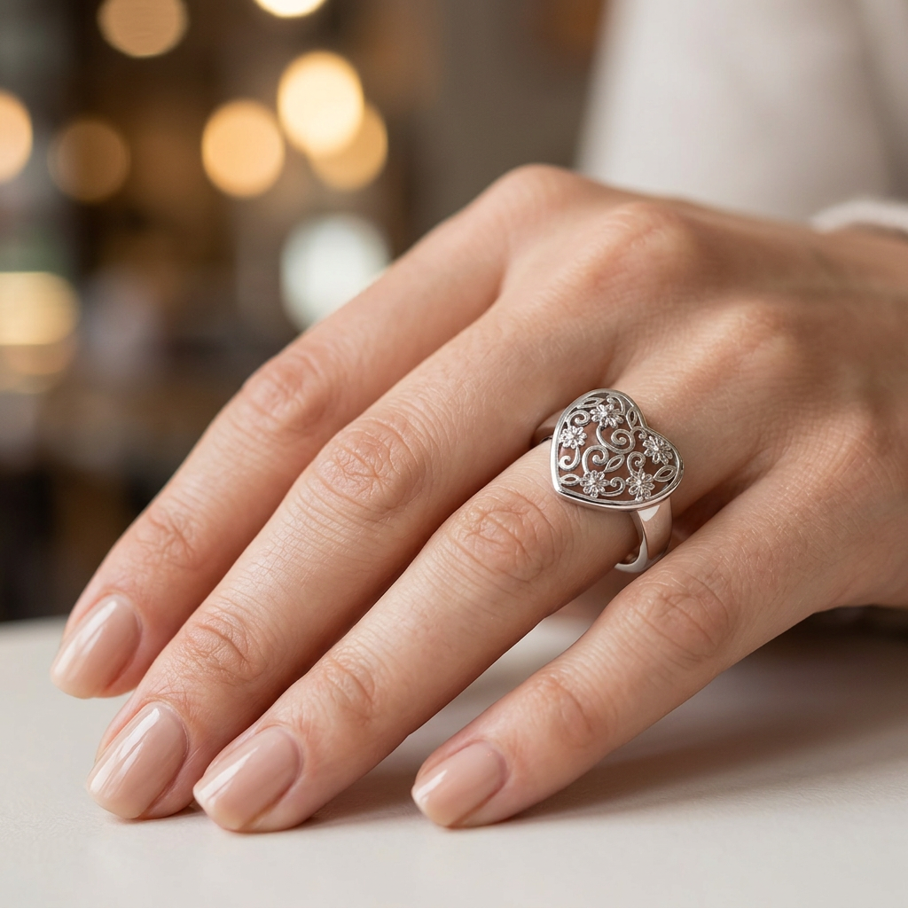 Sterling Silver 14.85mm Filigree Heart with Flowers and Swirls Ring for Women model