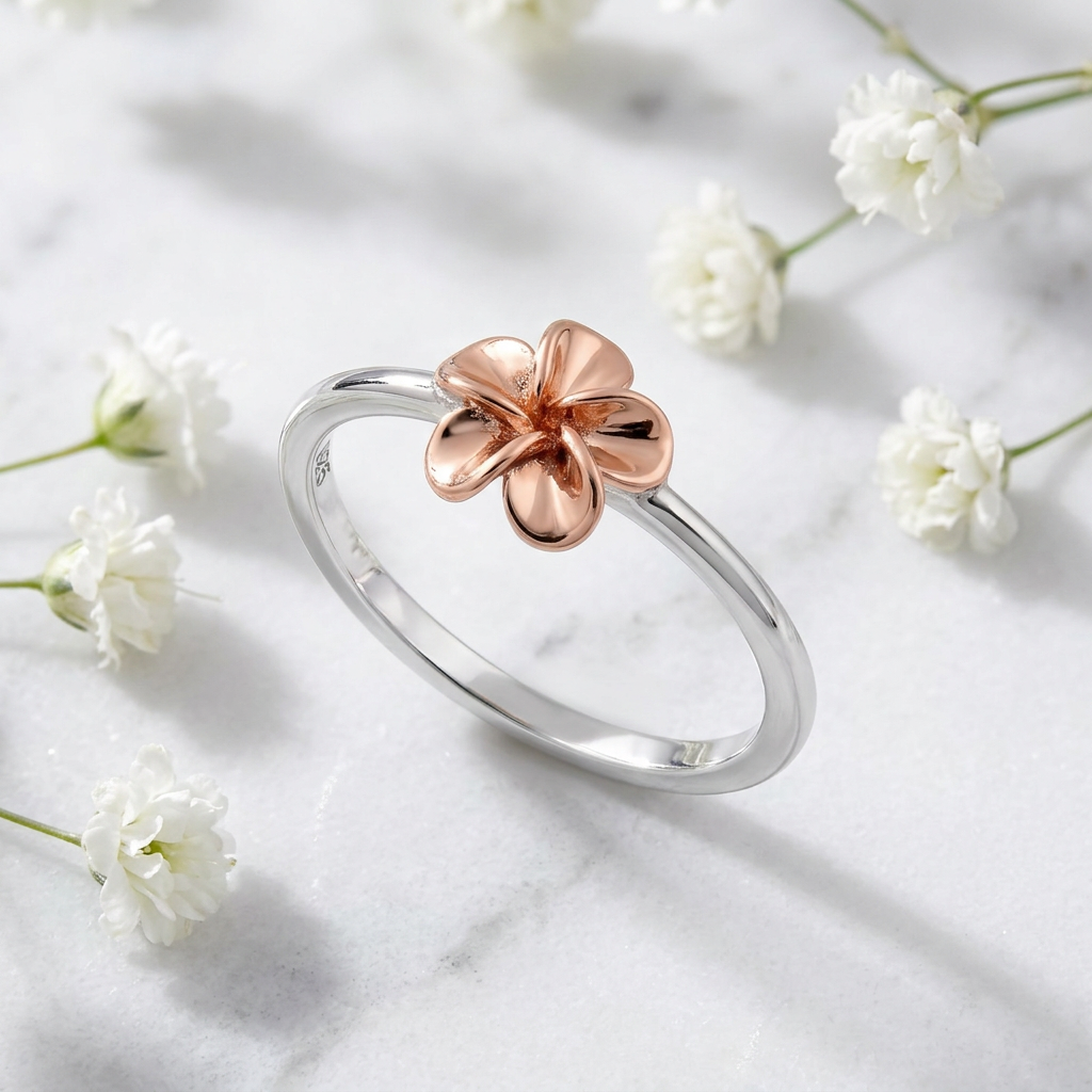 Rose Gold Plated Sterling Silver 1.5mm Two Tone Plumeria Ring for Women life1