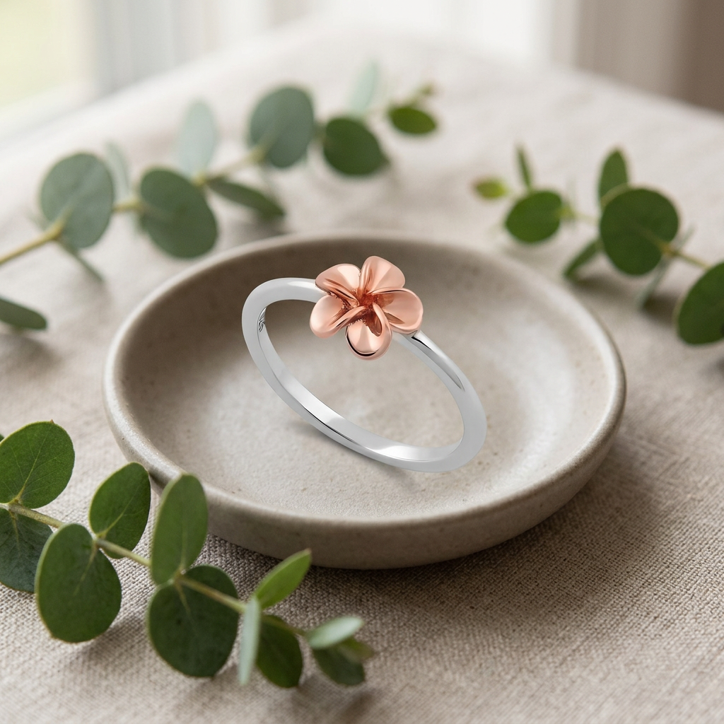 Rose Gold Plated Sterling Silver 1.5mm Two Tone Plumeria Ring for Women life2