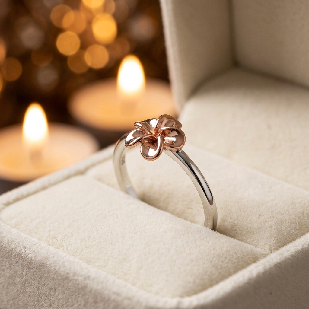 Rose Gold Plated Sterling Silver 1.5mm Two Tone Plumeria Ring for Women life3