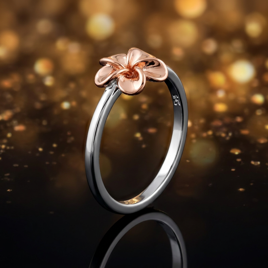 Rose Gold Plated Sterling Silver 1.5mm Two Tone Plumeria Ring for Women life4