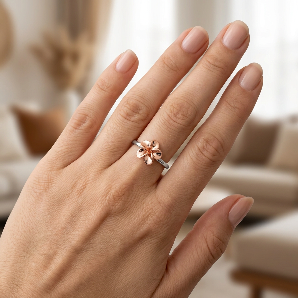 Rose Gold Plated Sterling Silver 1.5mm Two Tone Plumeria Ring for Women model