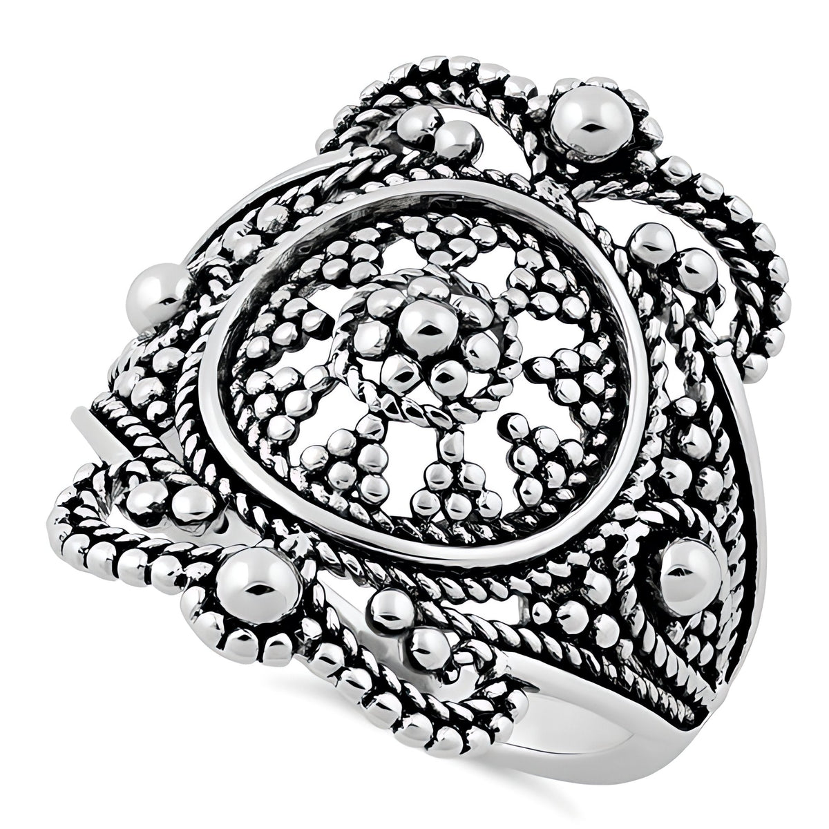 Sterling Silver 22.65mm Tall Oxidized Bali Beaded Shield Statement Ring for Women