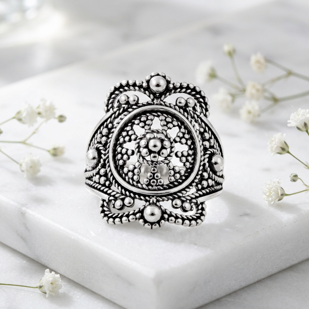 Sterling Silver 22.65mm Tall Oxidized Bali Beaded Shield Statement Ring for Women life1